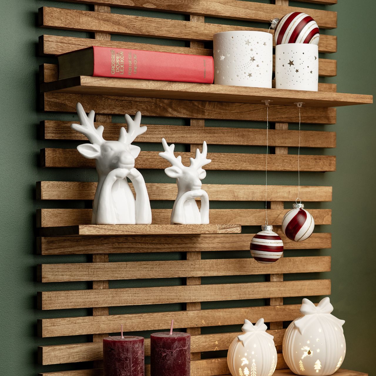 Boule de Noël en verre, 2 fois, rouge/blanc Ø6cm Holz, Mobiliar, Innenarchitektur, Regal, Hartholz