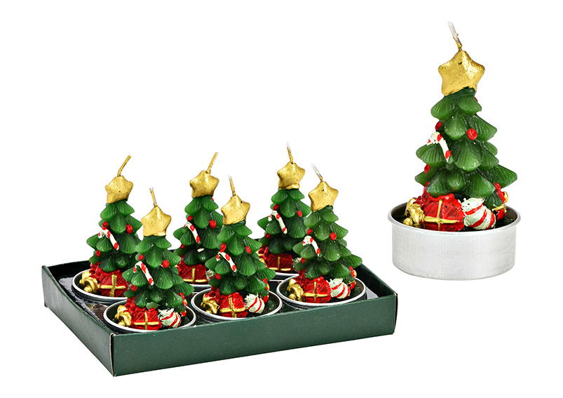 Teelicht-Set Tannenbaum 4x6x4cm 6-er Set, aus Wachs grün (B/H/T) 14x8x9cm