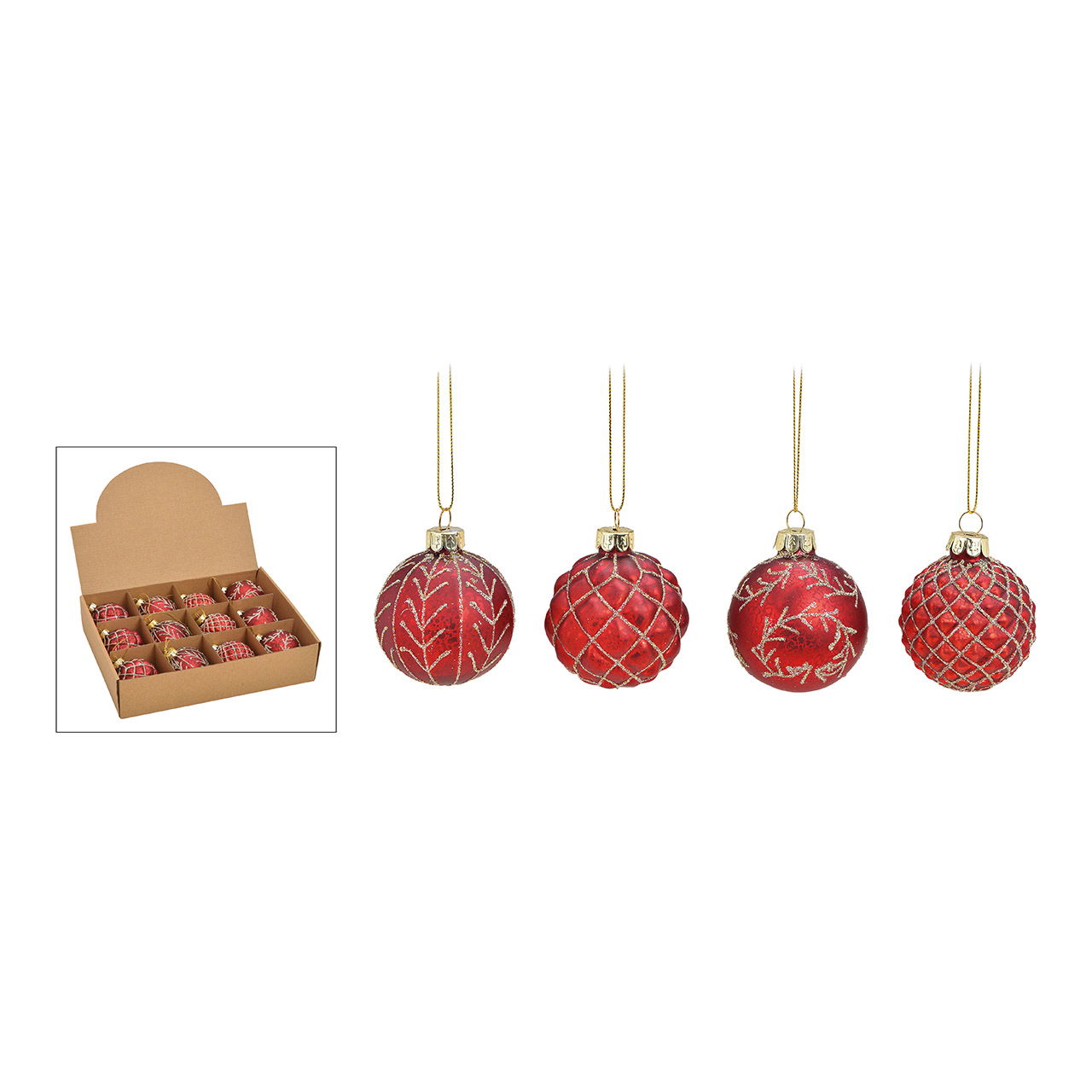 Weihnachtskugel Glitzer aus Glas, 4-fach, Rot/Gold Ø6cm