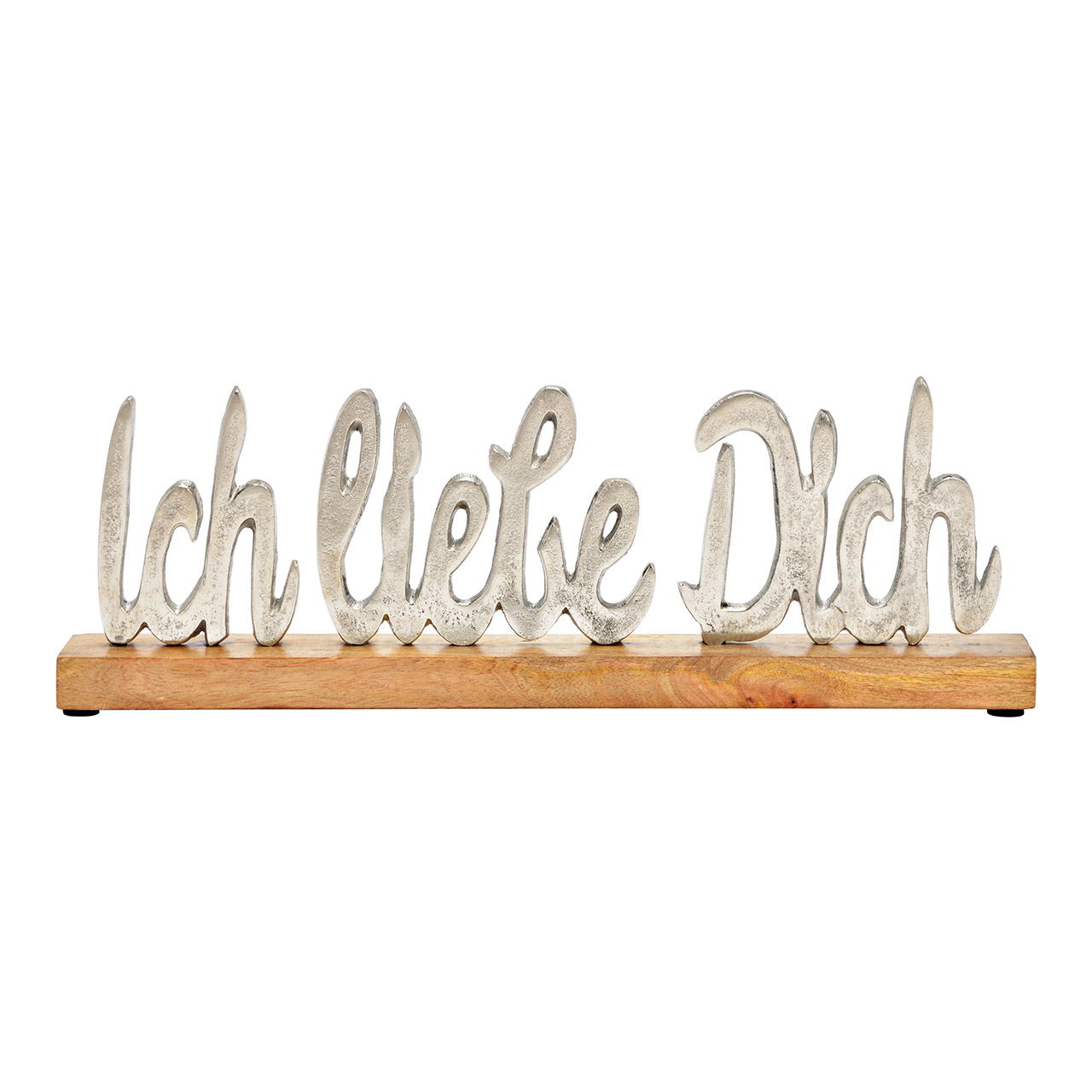 Aufsteller Schriftzug, Ich liebe dich, auf Mangoholzsockel aus Metall Silber (B/H/T) 40x14x5cm