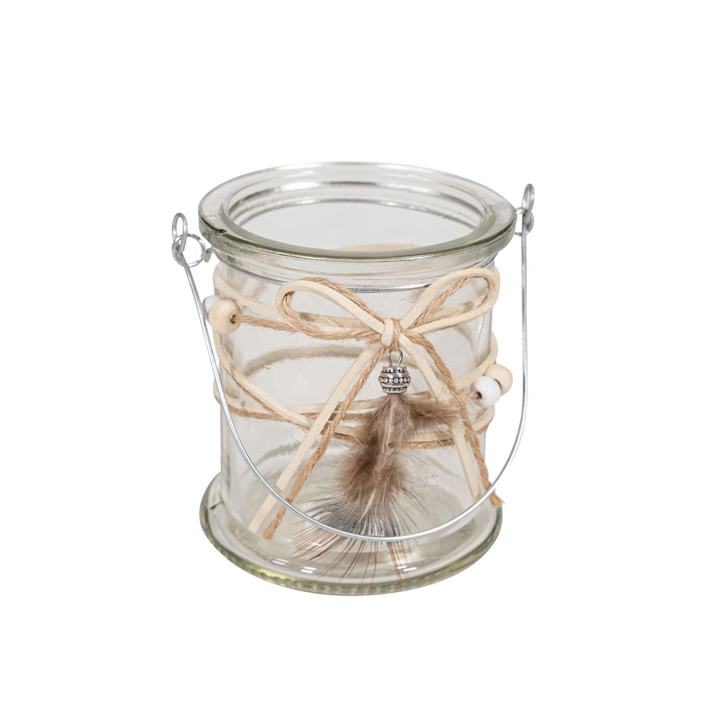 Teelichthalter mit Federdekor, Glas, 8,5x8,5x10cm, 1 Stck, tranparent/natur Krug