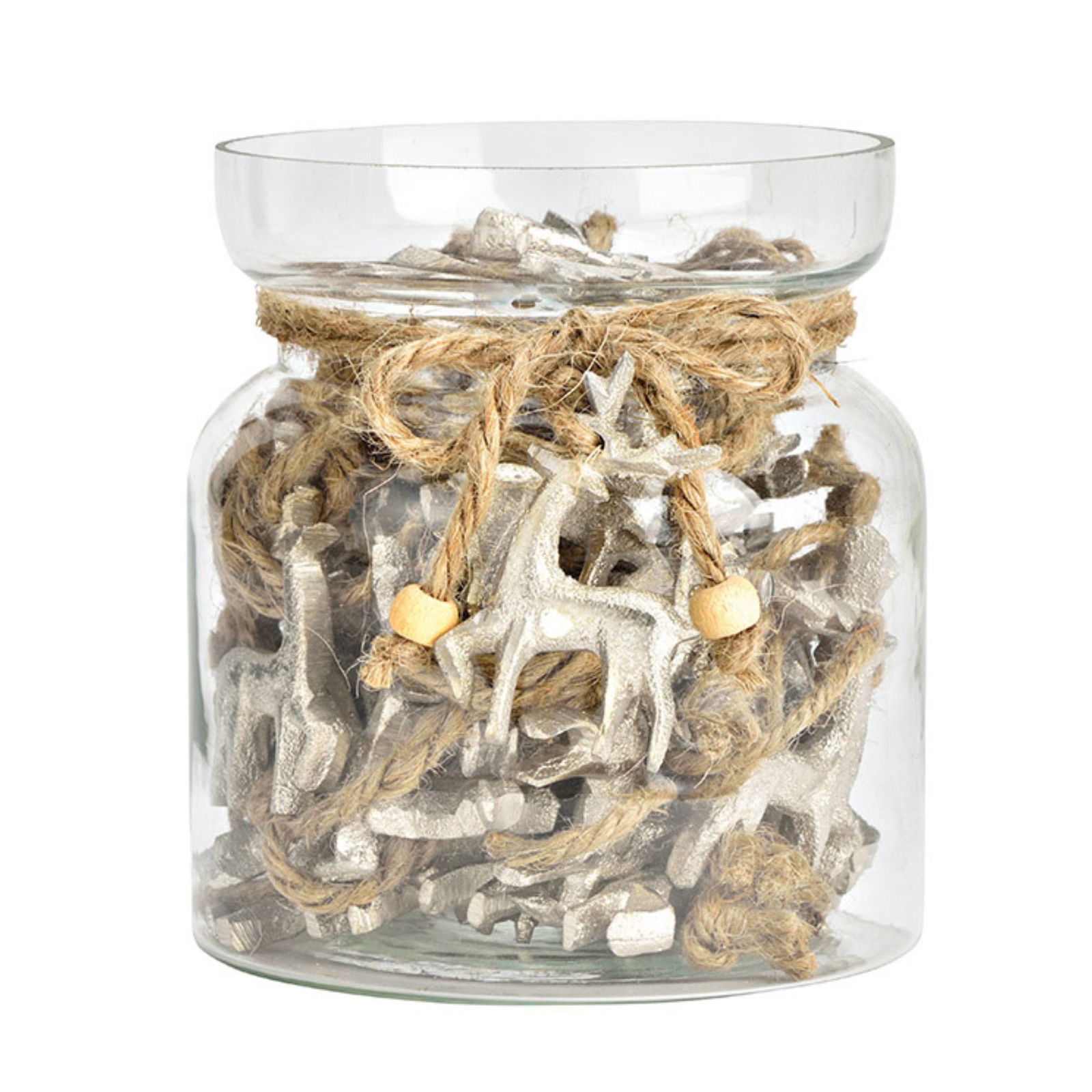 Christbaumschmuck Hirsch aus Metall, Silber, (B/H/T) 3,5x5,5x0,5 cm, 30 Stk. im Glas Krug, Holz