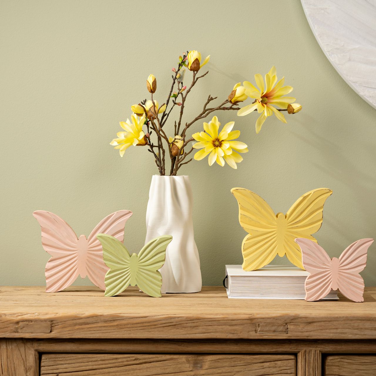 Butterfly made of wood, 3-fold, yellow/green/pink (W/H/D) 14x11x2.5cm Narzisse, Blume, Pflanze