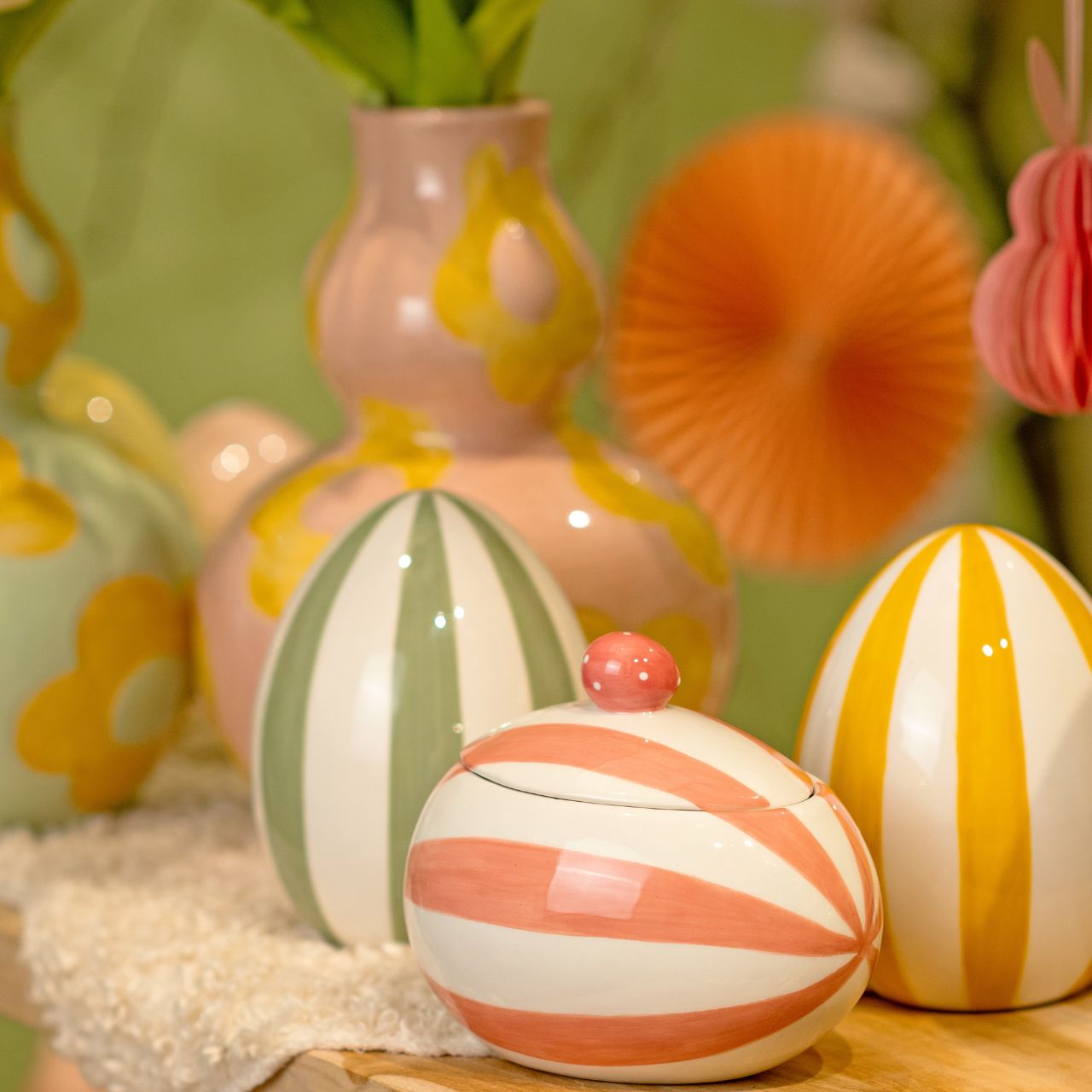 Easter egg striped ceramic colorful 3-fold, (W/H/D) 9x13x9cm Oeier, Strukturierte Eier, Bunte Streifen, Dekorartikel, Ostereier