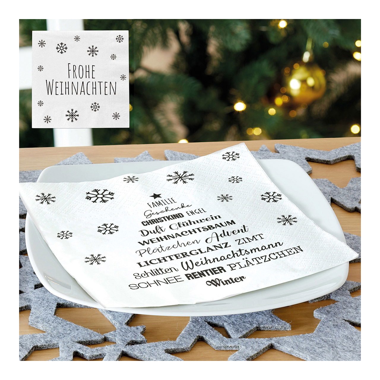 Tovagliolo 20pz 3 veli 33x33cm, Natale, bianco con scritta nera, 2 veli