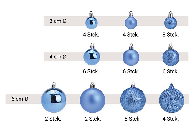 Weihnachtskugeln aus Kunststoff, 50er-Set, Königsblau Ø3/4/6cm (B/H/T) 23x18x12cm