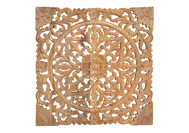 Wall picture, 3 d flower design, carving, mango wood, brown, 50x50x2cm