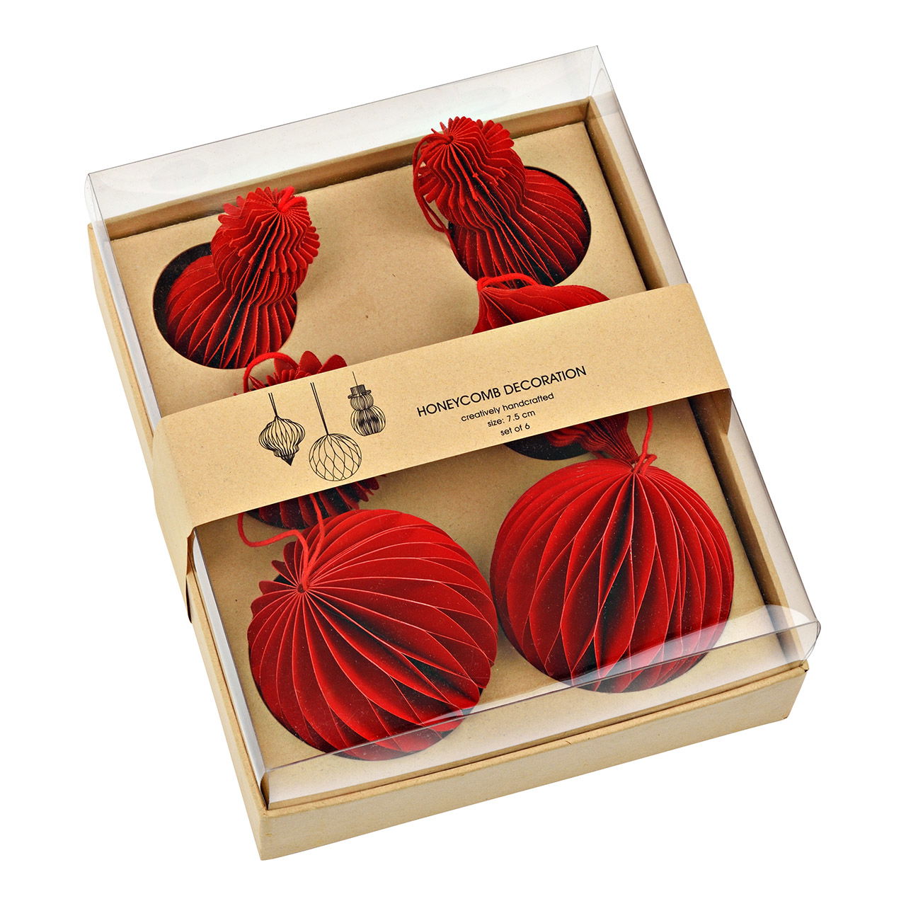 Kersthanger Honingraat ruit/bal/sneeuwpop van papier/karton, set van 6, driedubbel, rood Ø8cm (B/H/D) 24x8x15cm