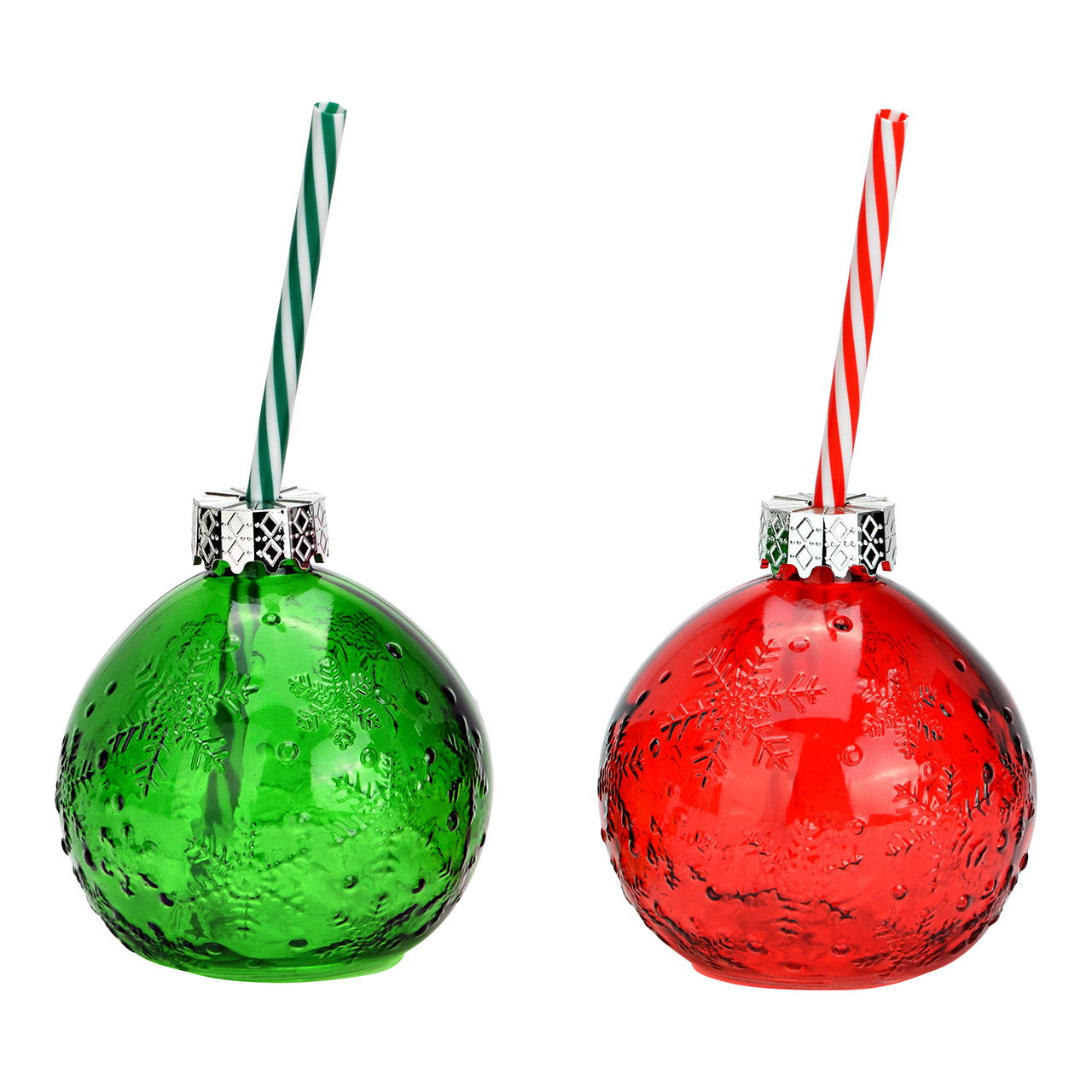 Trinkglas Weihnachtskugel mit Motiv und Stohhalm aus Glas, 2-fach, Rot/Grün 450ml Zubehör, Ornament, Rauchrohr