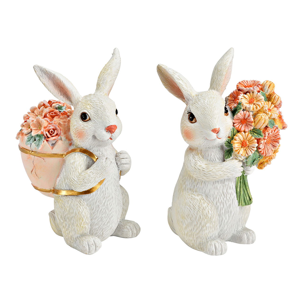 Figure Lapin avec fleurs en poly 2 fois, Multicolore (L/H/P) 6x12x8cm