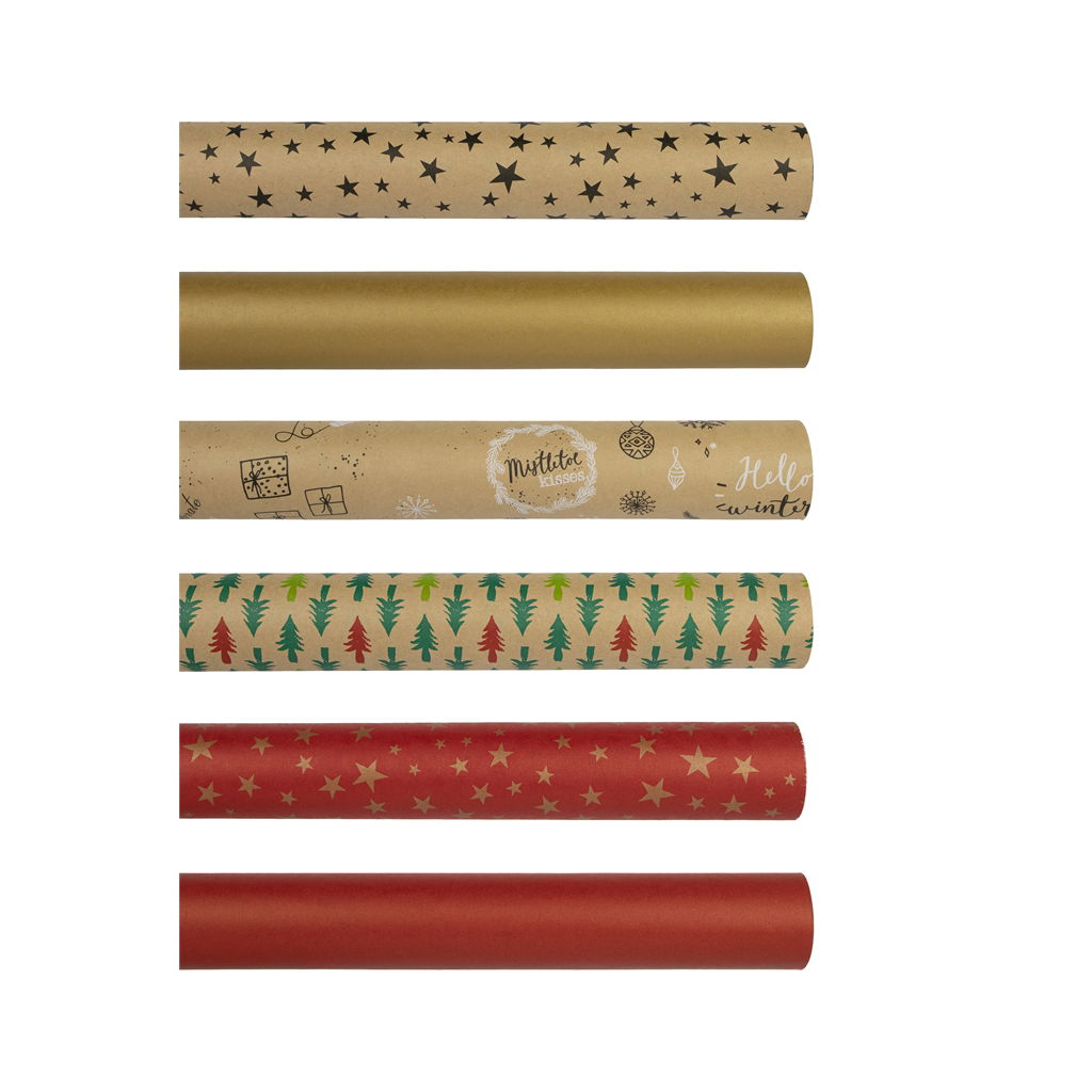 Geschenkpapier, 6 Dekore sortiert, Öko-Papier, 3x1m, 1  Rolle, braun-rot-grün, @