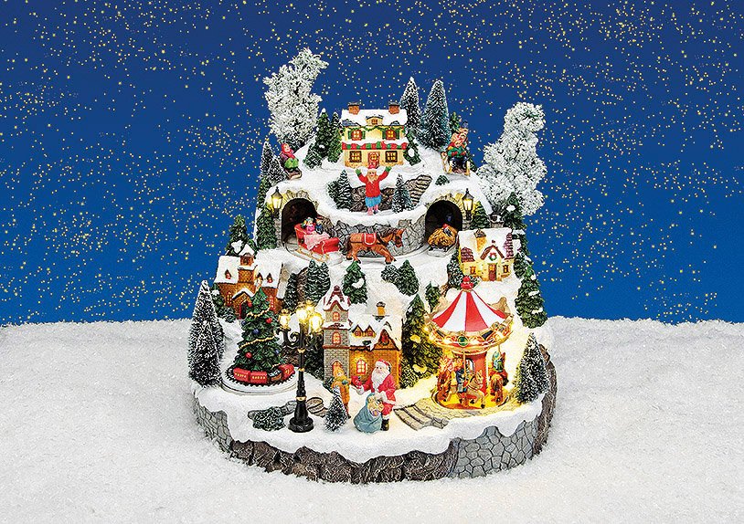 Winter scène met licht, muziek, bewegen Kerstman wagen, boom, carrousel, van poly, 33x33x32cm