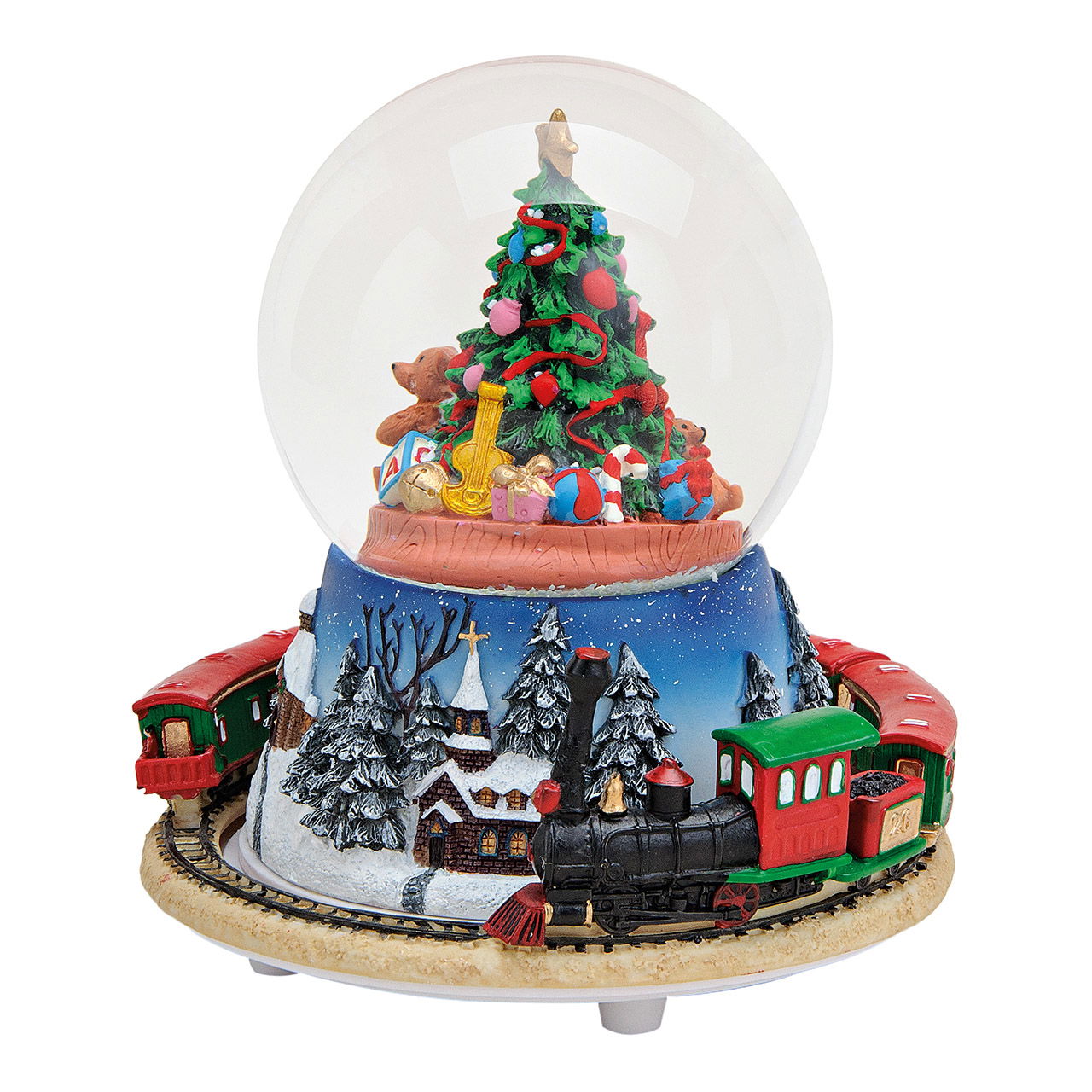 Musical clock/snow globe train made of poly/glass, tree in a ball (W/H/D) 14x16x14 cm