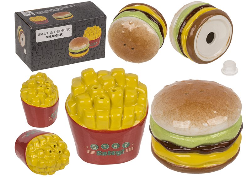 Shaker per sale/pepe Burger e patatine, set di 2, in ceramica colorata (L/H/D) 5x4x5cm