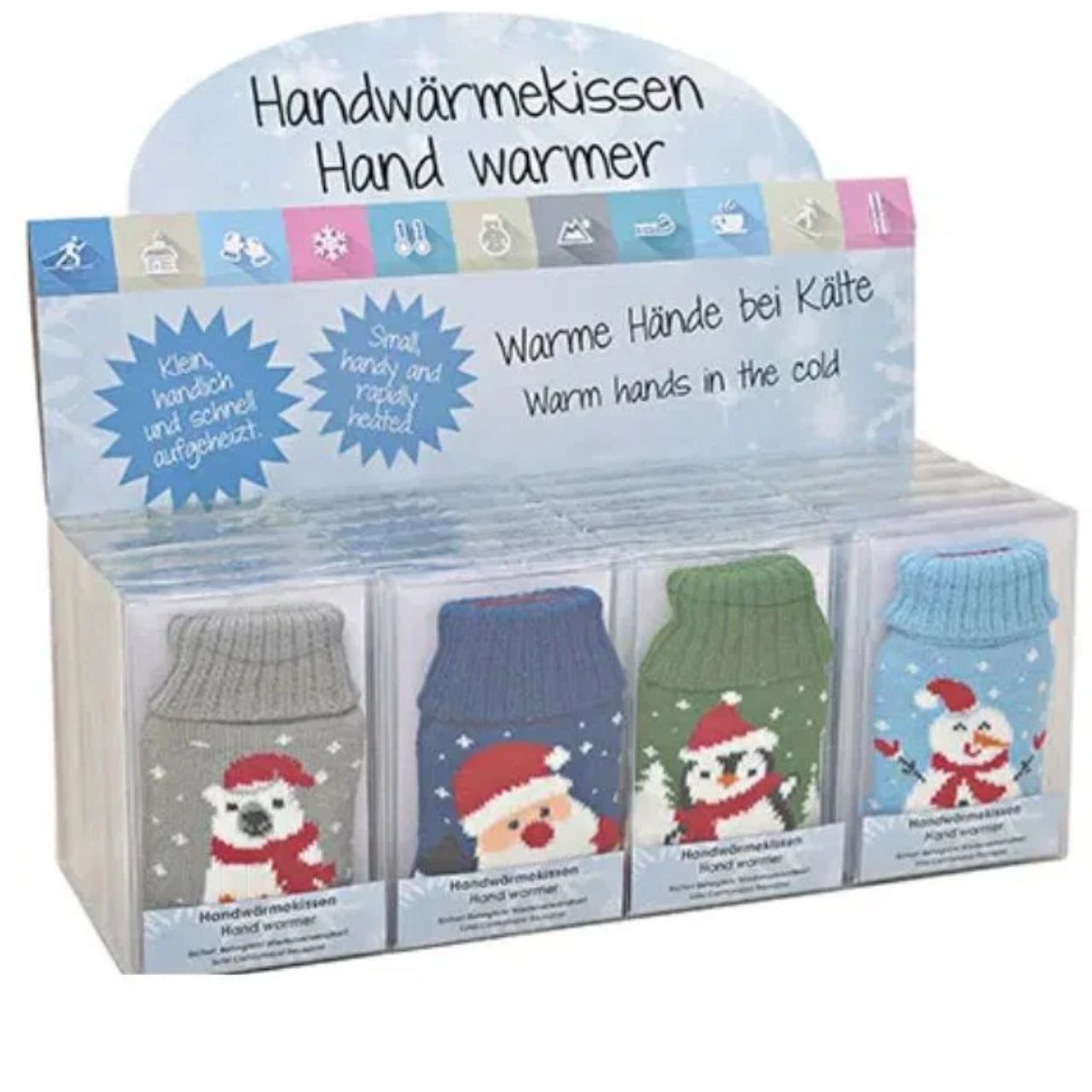 Réchauffeur de poche Père Noël, pingouins, ours, bonhomme de neige Housse tricotée en plastique Coloré 4 fois, (L/H/P) 7x12x1cm Winterkältehandschuhe, Handwärmer, Sockenwärmer, Nähte, Wintermotiven