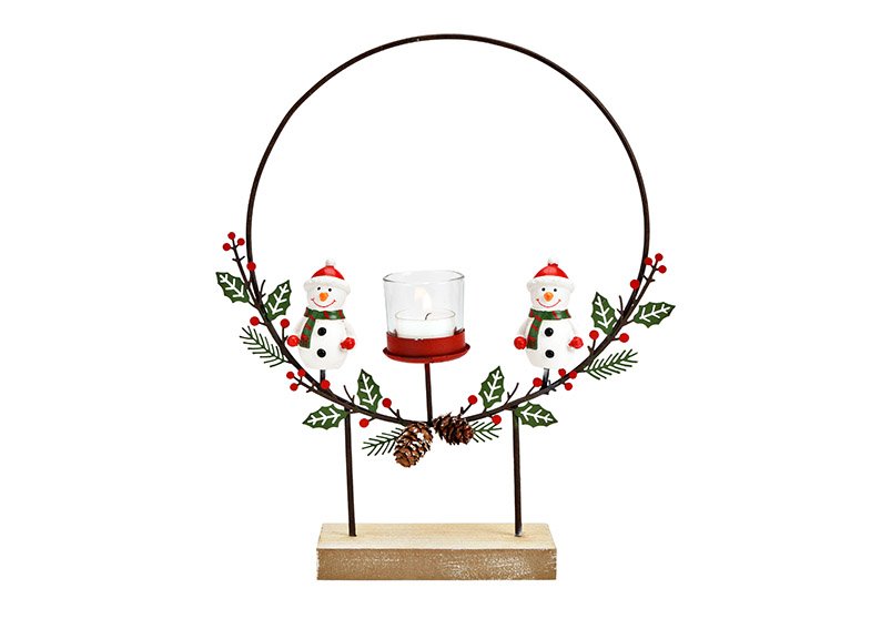 Bougeoir, décor bonhomme de neige, en bois/métal/verre rouge (L/H/P) 30x34x7cm