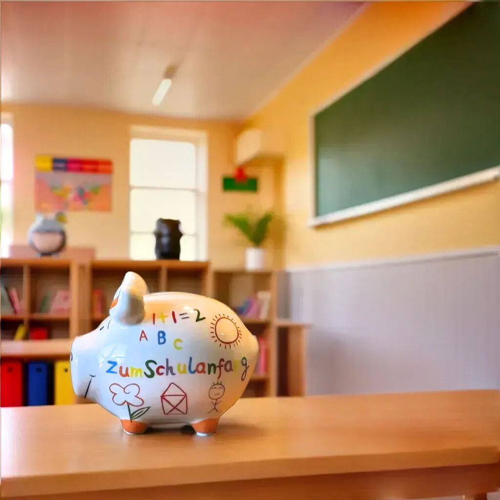 KCG ceramic piggy bank "To start school", colorful (W/H/D) 12,5x9x9cm small piggy bank