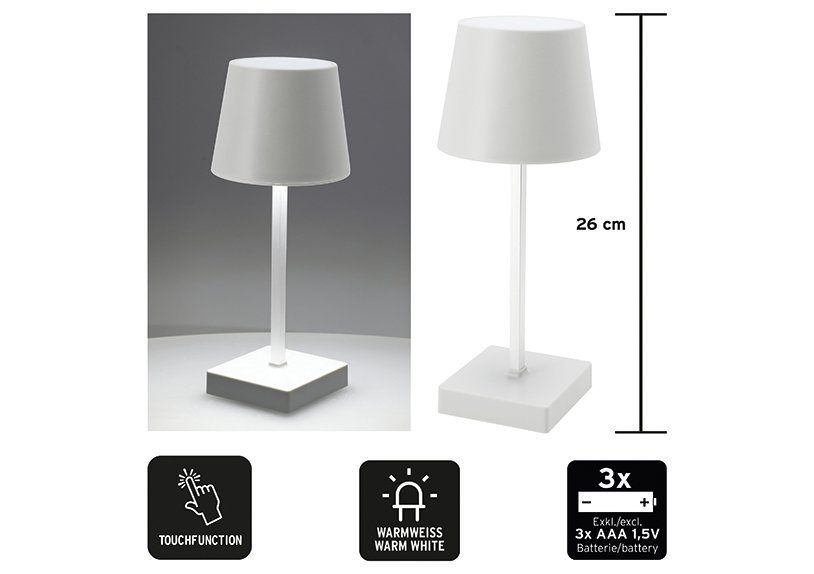 Lampe de table LED 3 niveaux de luminosité par fonction tactile en plastique blanc (L/H/P) 10x26x10cm