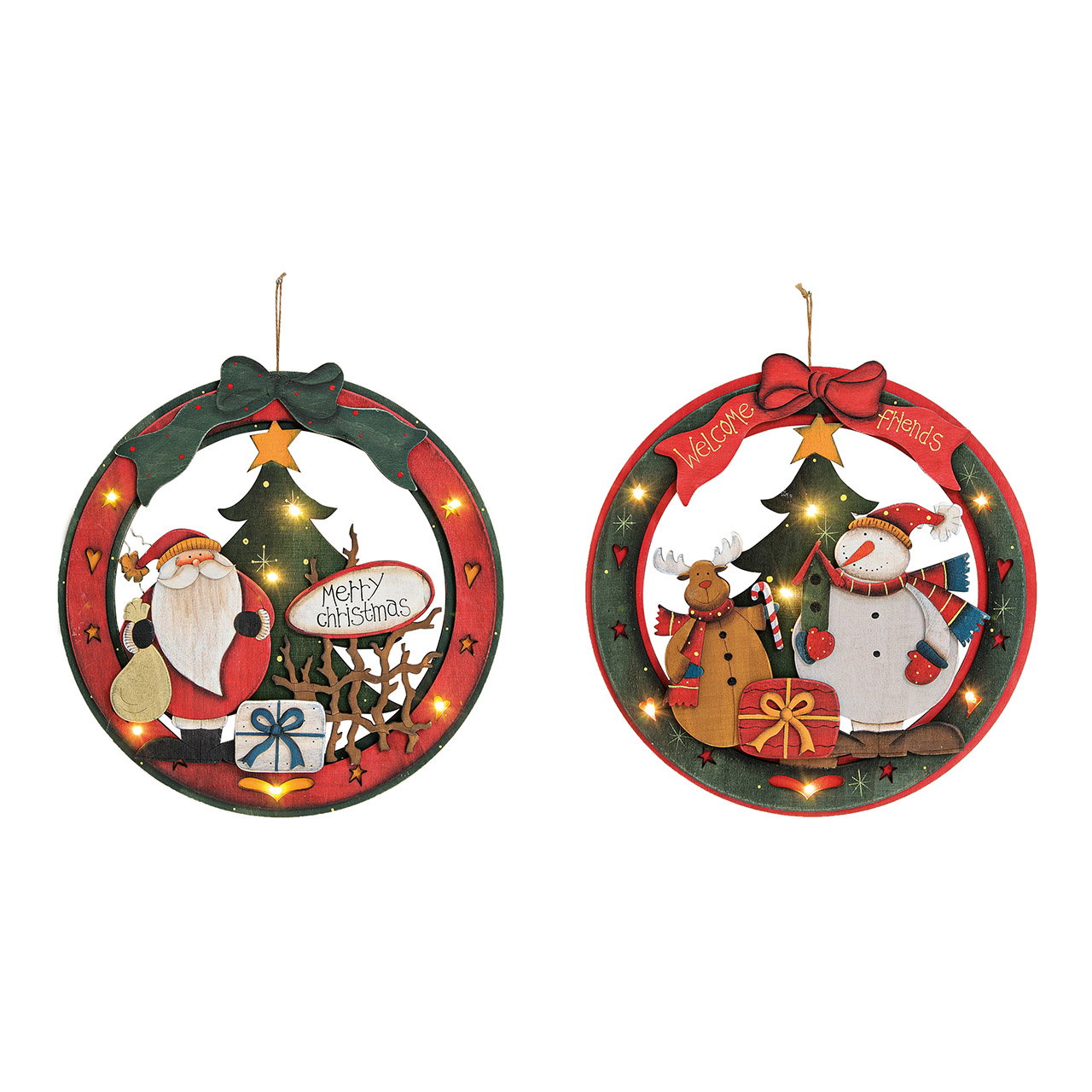 Türkranz LED Nikolaus/Schneemann Dekor aus Holz, 2-fach, Grün/Rot 31cm Deko-Lebkuchenkranz, Weihnachtskranz, Santa Claus, Schneemann, Lichterdekoration