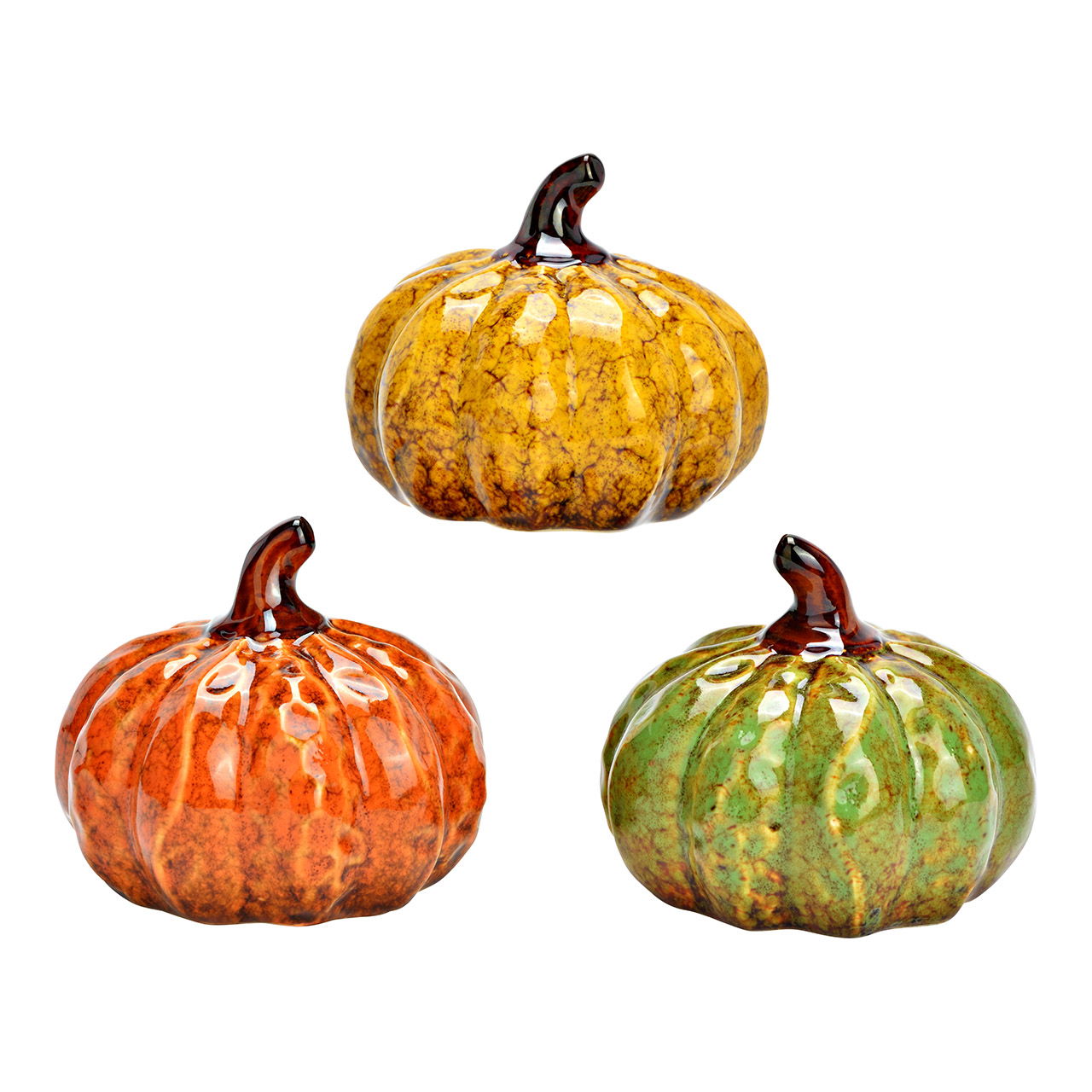 Kürbis aus Porzellan, 3-fach, Gelb/Orange/Grün (B/H/T) 9x8x9cm Essen, Pflanze, Produzieren, Kürbis, Gemüse