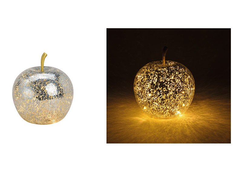 Deko Apfel aus Glas mit Licht 20er LED & Timer, Silber, Ø 16x17 cm