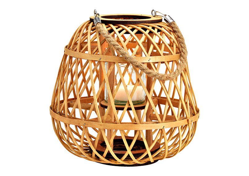 Bamboe lantaarn met lantaarnlicht glas natuur (B/H/D) 27x27x27cm