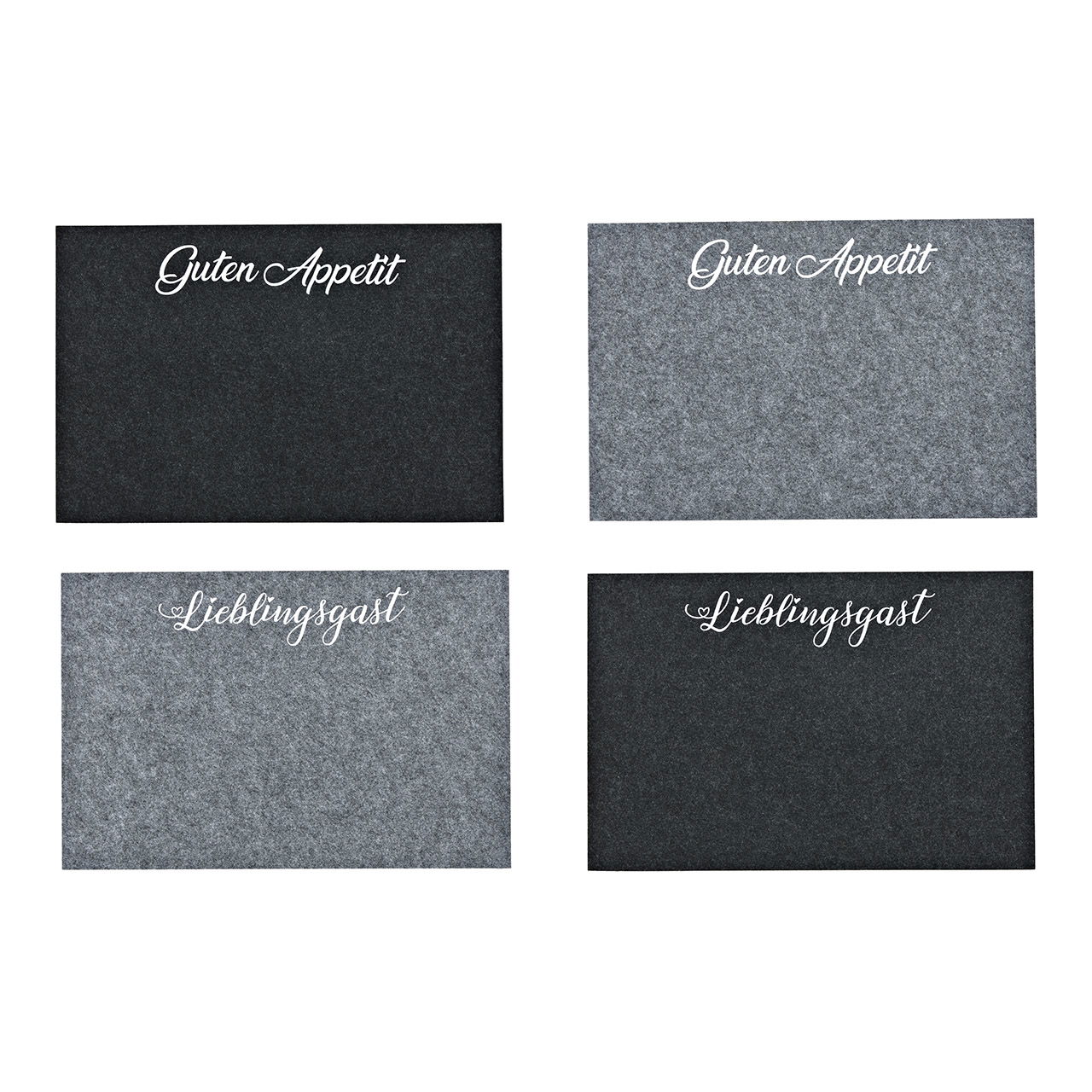 Placemat with saying, favorite guest, bon appétit, made of felt grey 4-fold, (W/H) 45x30cm Placemat with saying, favorite guest, bon appétit, made of felt grey 4-fold, (W/H) 45x30cm