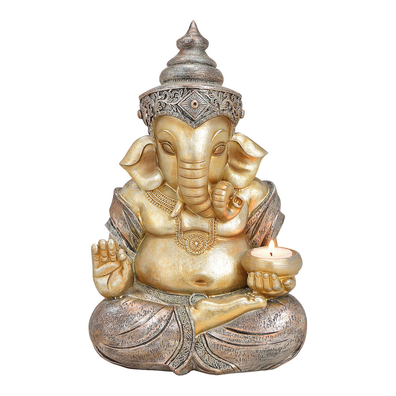 Ganesha met theelichthouder in poly champagne (w/h/d) 20x31x15cm