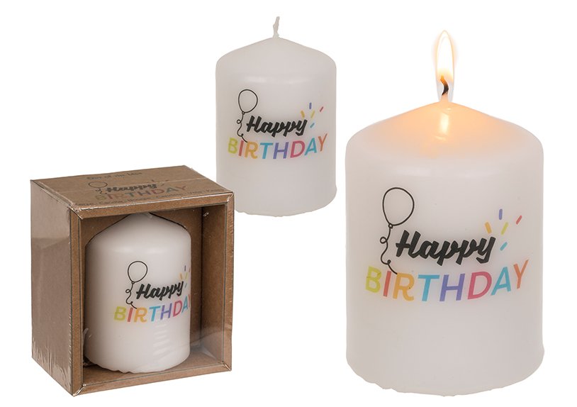 Bougie ronde, Happy Birthday dans un emballage en papier kraft, cire blanche (L/H/P) 6x8x6cm