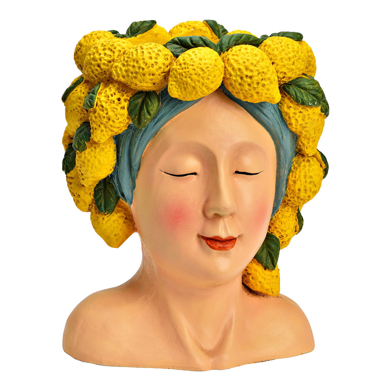 Blumentopf Frauenkopf mit Zitronen aus Magnesia, Rosa/Gelb (B/H/T) 22x27x21cm