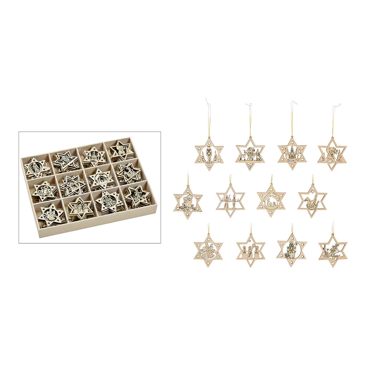 Wooden Christmas hanger stars, 12-panel, natural (W/H/D) 6x6x0.3cm