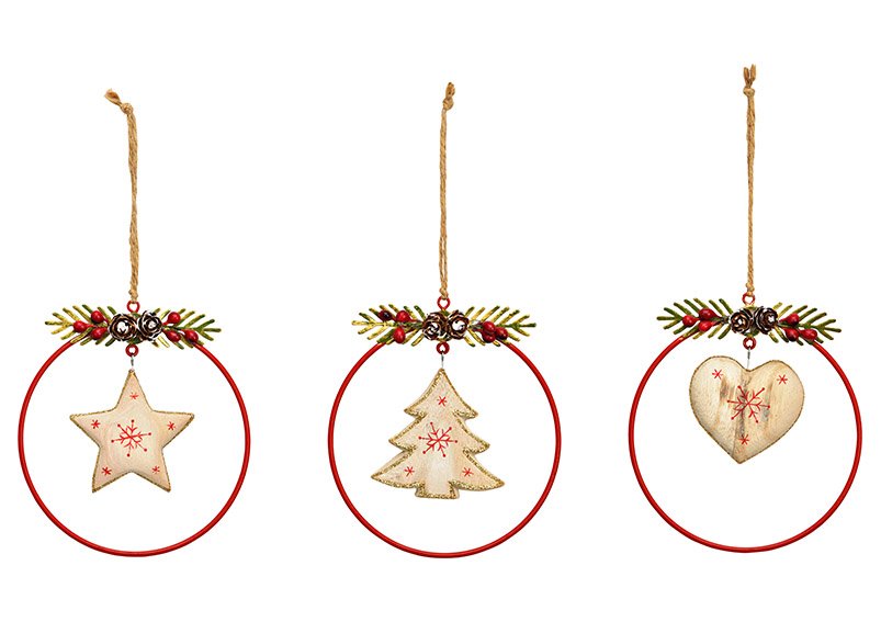 Hanger Christmas decoration of wood / metal red 3-fold, (W/H) 12x13cm