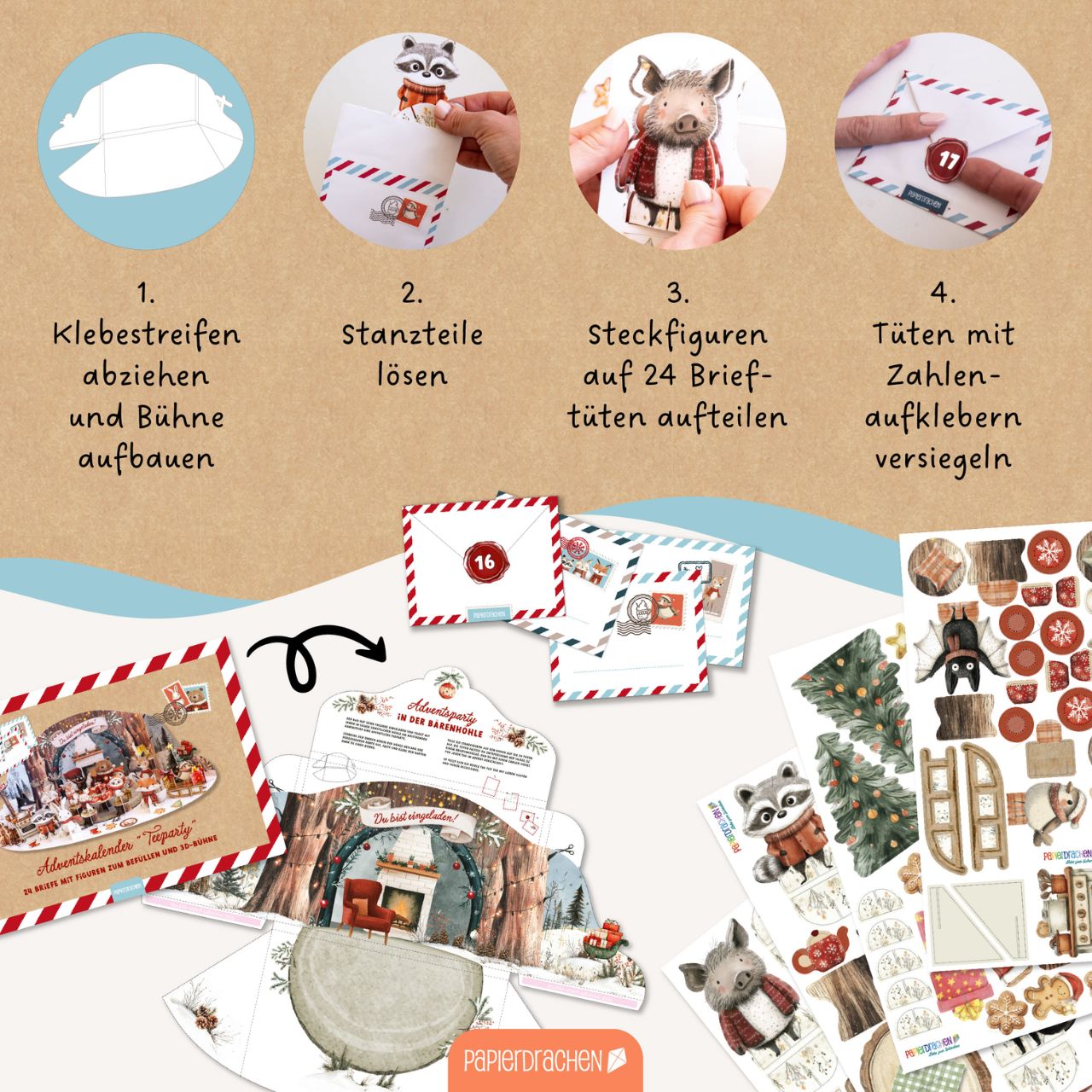 Adventskalender, Briefumschläge, Sticker, Papierfiguren, Klebeband