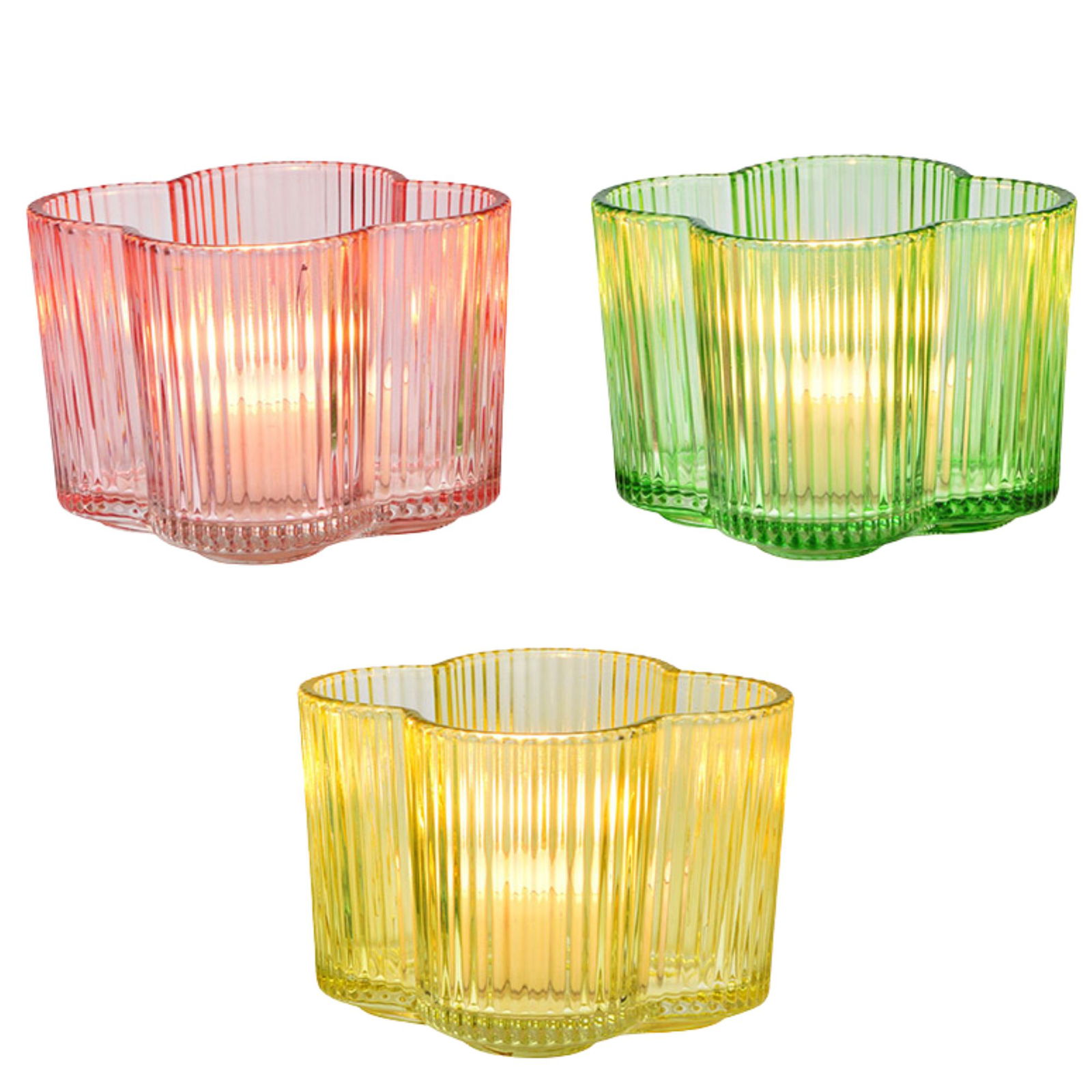 Portacandelitas de cristal flor, triple, rosa/verde/amarillo (A/A/A) 10x8.5x10cm Glas