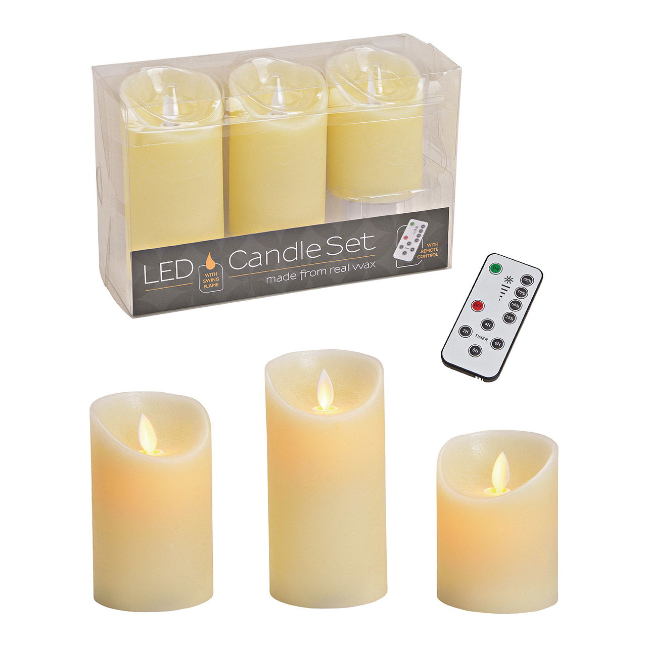 LED candle set fo 3 with remote control, moving light, wax, white (w/h/d) 7x20x7cm, 7x14x7cm, 7x9x7cm