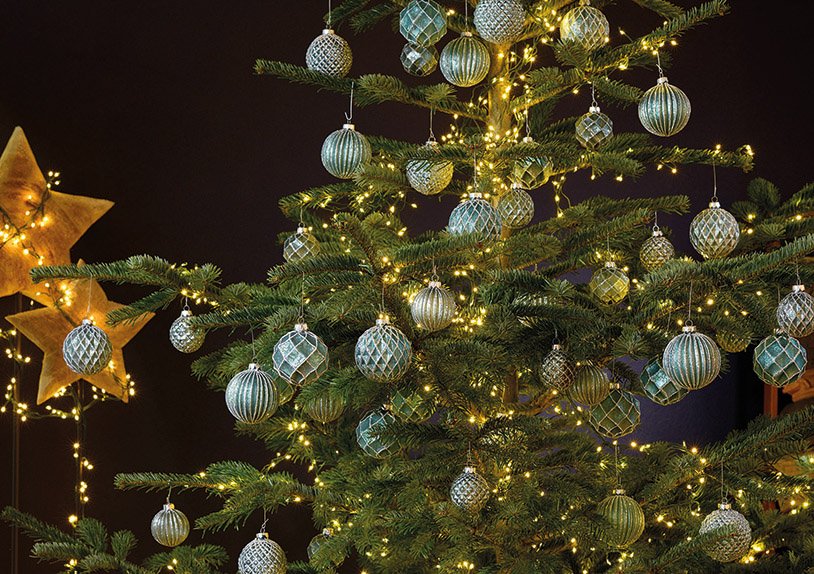 Palla di Natale glitter in vetro turchese, argento 4-fold, (w/h/d) 6x6x6cm