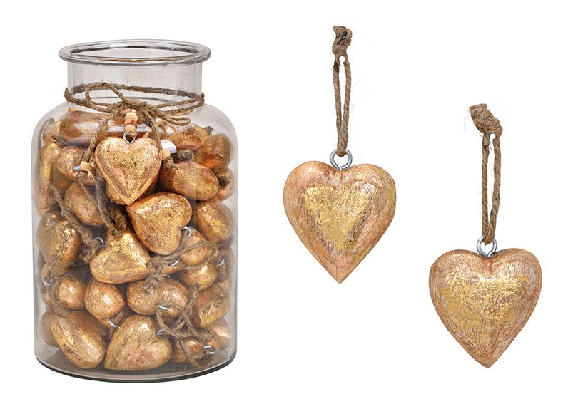 Hanger heart mango wood gold, 5x5x3cm 60 pcs. in a jar 16x26x16cm