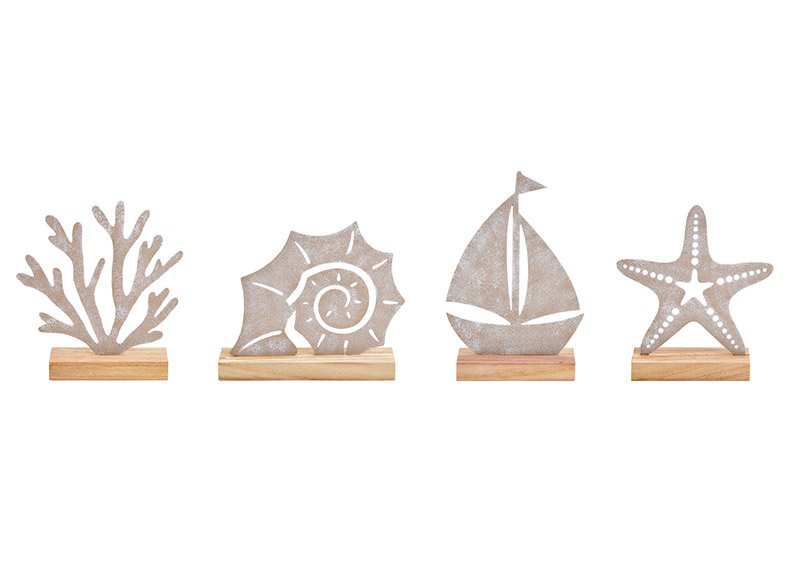 Espositore motivo marittimo su base di legno, metallo beige a 4 pieghe, (L/H/D) 18x15x5cm