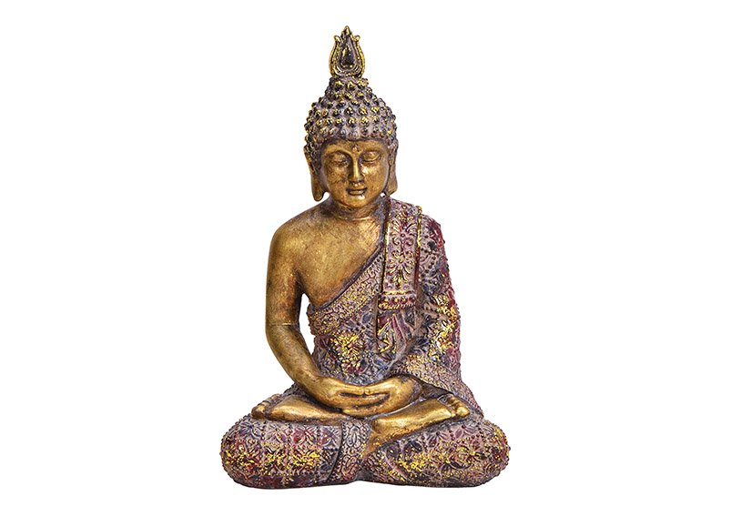 Boeddha van poly gekleurd, goud glitter (w/h/d) 13x20x8cm