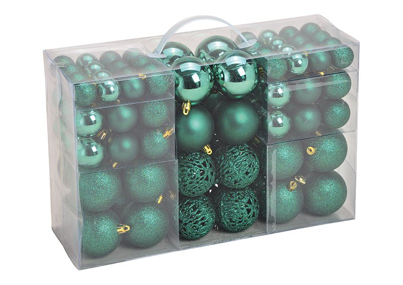 Xmas ball set of 100, plastic, green 35x23x12cm ø3/4/6cm