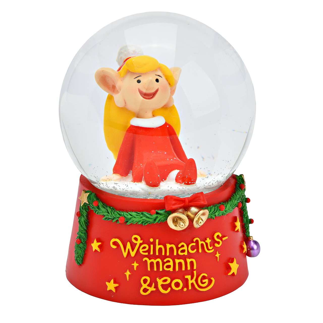 Babbo Natale & Co. KG Globo di neve Trixi in poli/vetro, rosso/giallo/verde (L/H/D) 10x14x10cm Schneekugel, Figur, Weihnachtsdeko, Schneekugel mit Figur, Christbaumdeko, Schneekugel, Figur, Weihnachten, Engel, Rot