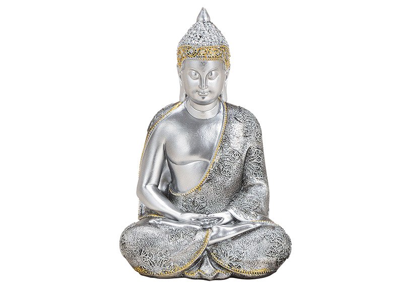 Buddha made of poly silver (w / h / d) 13x21x11cm