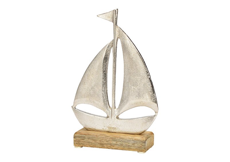 Présentoir bateau à voile sur socle en bois de manguier, en métal argenté (L/H/P) 14x22x5cm