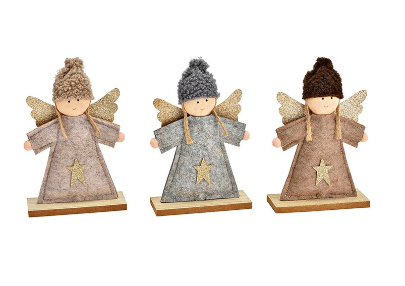 Stand angel made of felt, textile, wood brown, light brown, gray 3-fold, (W/H/D) 13x20x5cm
