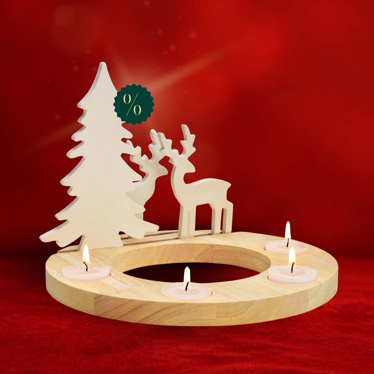 Holz-Adventskranz, Teelichthalter, Rentiermotiv, Tannenbaum-Motiv, Naturholz