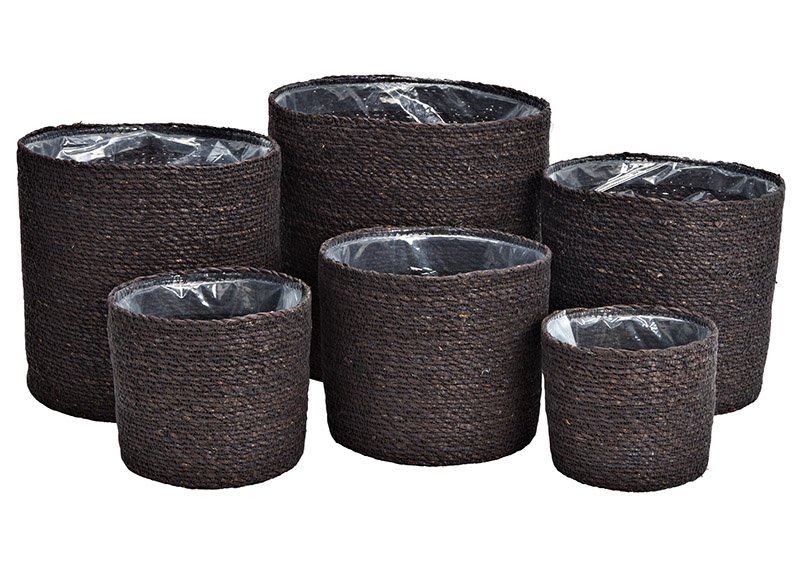 Set di 6 vasi da fiori, in seagrass foderati con pellicola, set nero, (L/H) 28x28cm 25x25cm 22x22cm 20x18cm 17x16cm 14x14cm