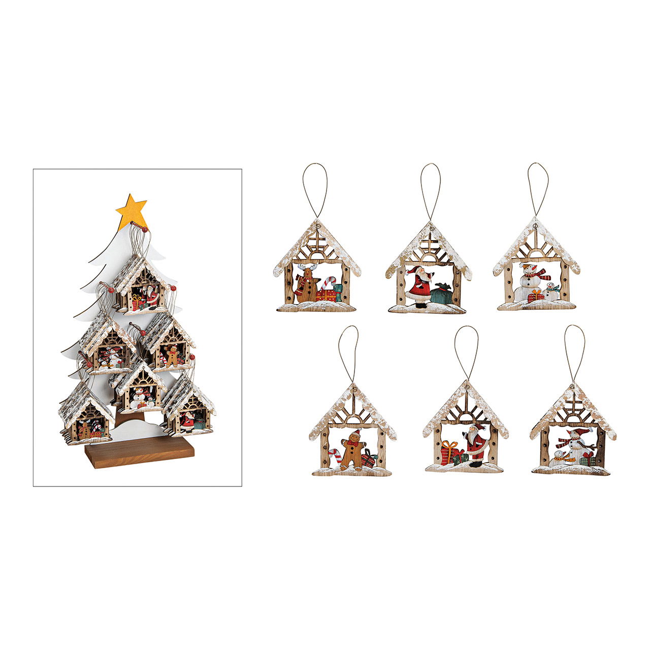 Weihnachtshänger Haus aus Holz auf Baumständer, 6-fach, Natur (B/H/T) 10x11x0.5cm Weihnachtshänger Haus aus Holz auf Baumständer, 6-fach, Natur (B/H/T) 10x11x0.5cm