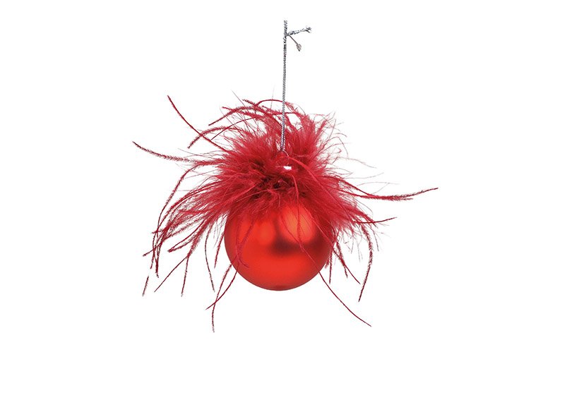 Xmas ball, with feather decor, glass, red 6x6x6cm