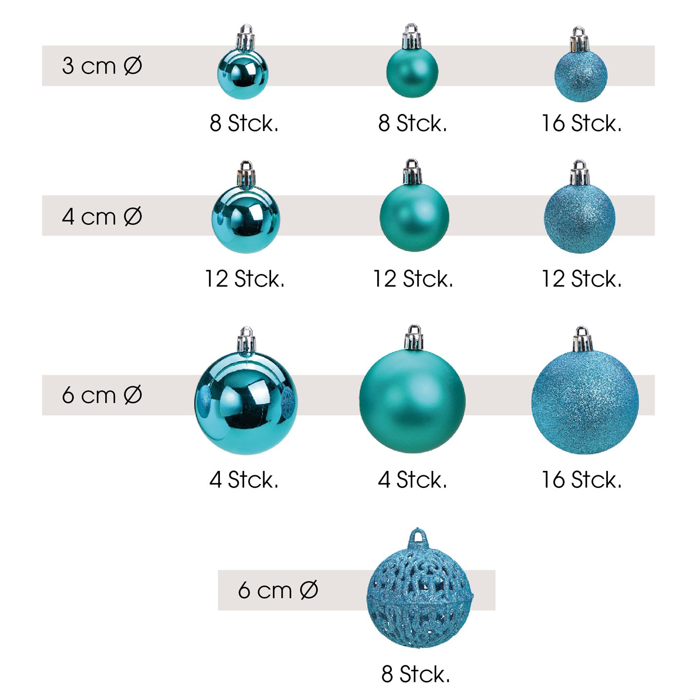 Set de boules de Noël en plastique Turquoise Set de 100, (L/H/P) 35x23x12cm Ø3/4/6cm