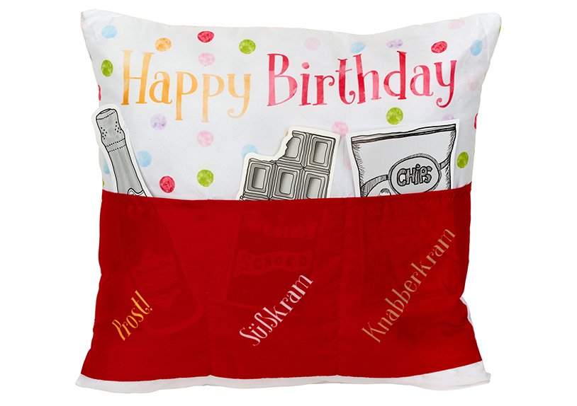 Cojín, sofá héroes, Feliz Cumpleaños, de textil rojo, (c/h/d) 40x40x8cm